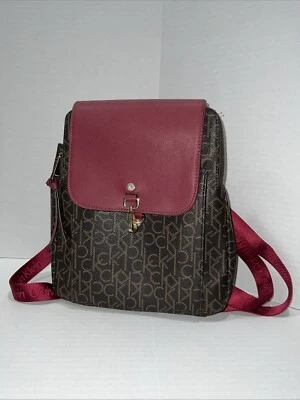 Calvin Klein Signature Backpack Bag Brown PVC & Dusty Rose Saffiano Leather Gold - Image 1 of 4