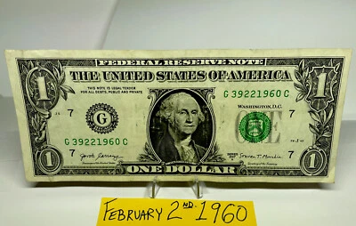 One Dollar Birthday Note February 2 1960.Fancy  Serial Number 39 2 2 1960. - Image 1 of 4