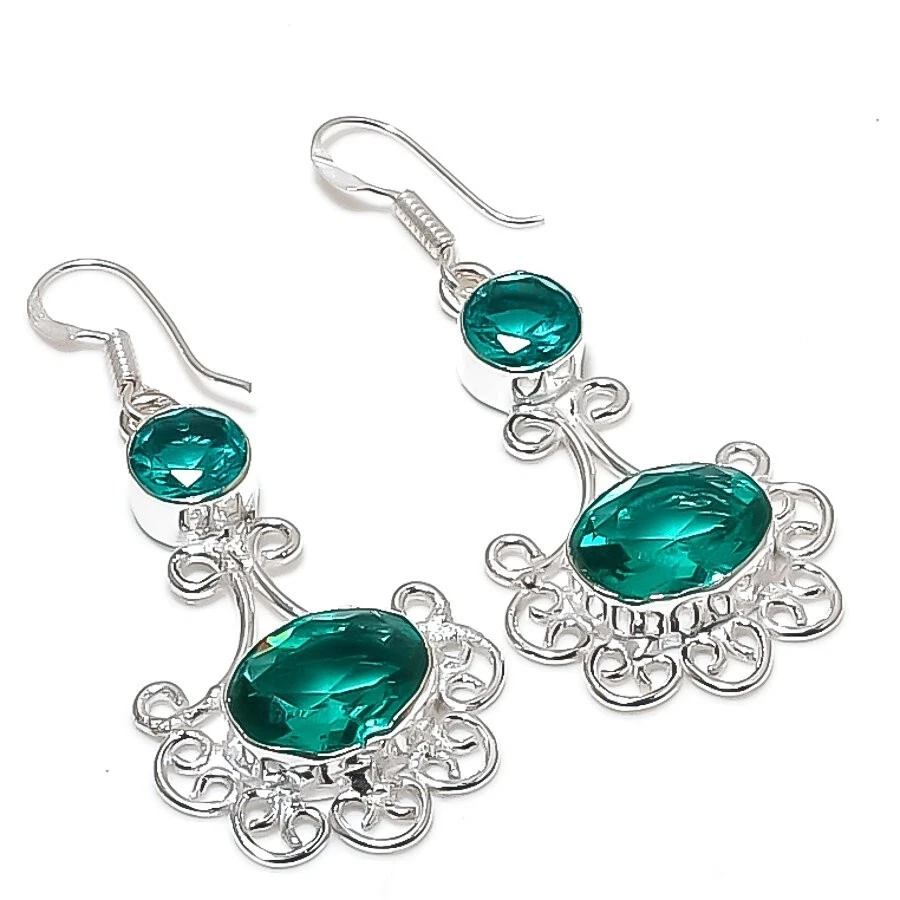 Mint Tourmaline Gemstone Handmade 925 Sterling Silver Jewelry Earring Size 2" - Image 1 of 1