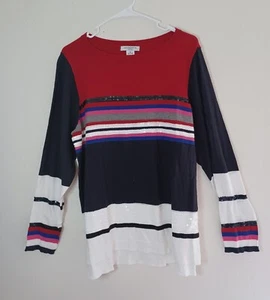 Liz Claiborne 1X Knit Sweater Blouse Stripe Sequin Red Black Holiday Pink Gray  - Picture 1 of 12