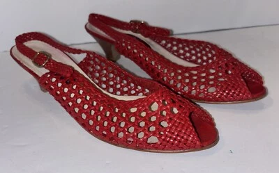 "Sandalias vintage Impo de cuero rojo punta abierta zapatos tacones tacón de madera talla 8,5""" Foto 1 de 4