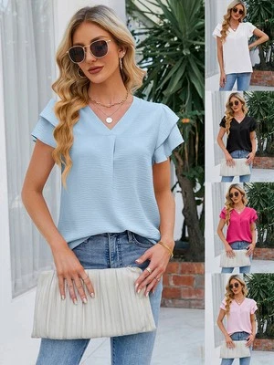 Comfortable Women's Chiffon Top with Ruffle and Flutter Sleeve Details - Image 1 of 4