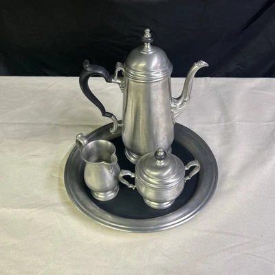 Oneida Heirloom Pewter Coffee Teapot Creamer Sugar Tray 4 Pc Serving Set - Image 1 of 4