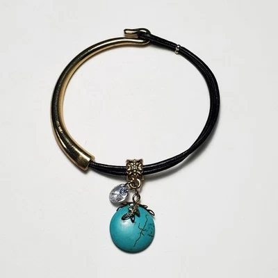 Pulseira de cordão preta turquesa e cristal falso 7" - Imagem 1 de 4