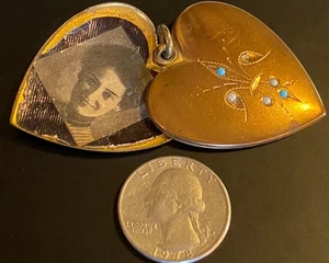 Antique Victorian Heart Locket Gold Tone/Filled? Faux Pearl Turquoise Lady Photo - Picture 1 of 15