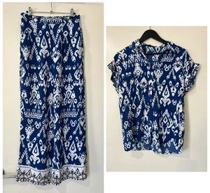 Caroline Morgan Women's Blouse & Pants Set Wide-Leg Paisley Blue Size 10 - Picture 1 of 20