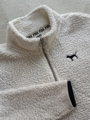 Pullover polar Sherpa crema/marfil rosa victoria secret para mujer mediano 1/4 cremallera Foto 1 de 4