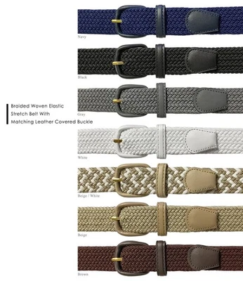 7001 Men's Leather Covered Buckle Woven Elastic Stretch Belt 1-1/4" Wide - Image 1 of 4