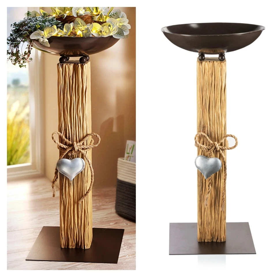 Pflanzsäule Wood Holz mit Pflanzschale Metall Deko Säule Schale Romantik Herz  - Bild 1 von 1