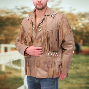 Men's Native American Leather Fringe Jacket Western Beaded Cowhide Coat Bones - Picture 1 of 4