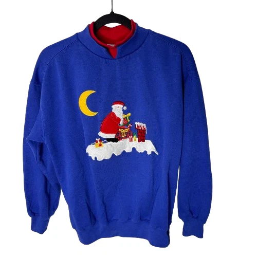 复古 90 年代 80 年代运动衫女式 M 码蓝色圣诞节丑陋的圣诞老人雪烟囱 — 第 1/4 张图片