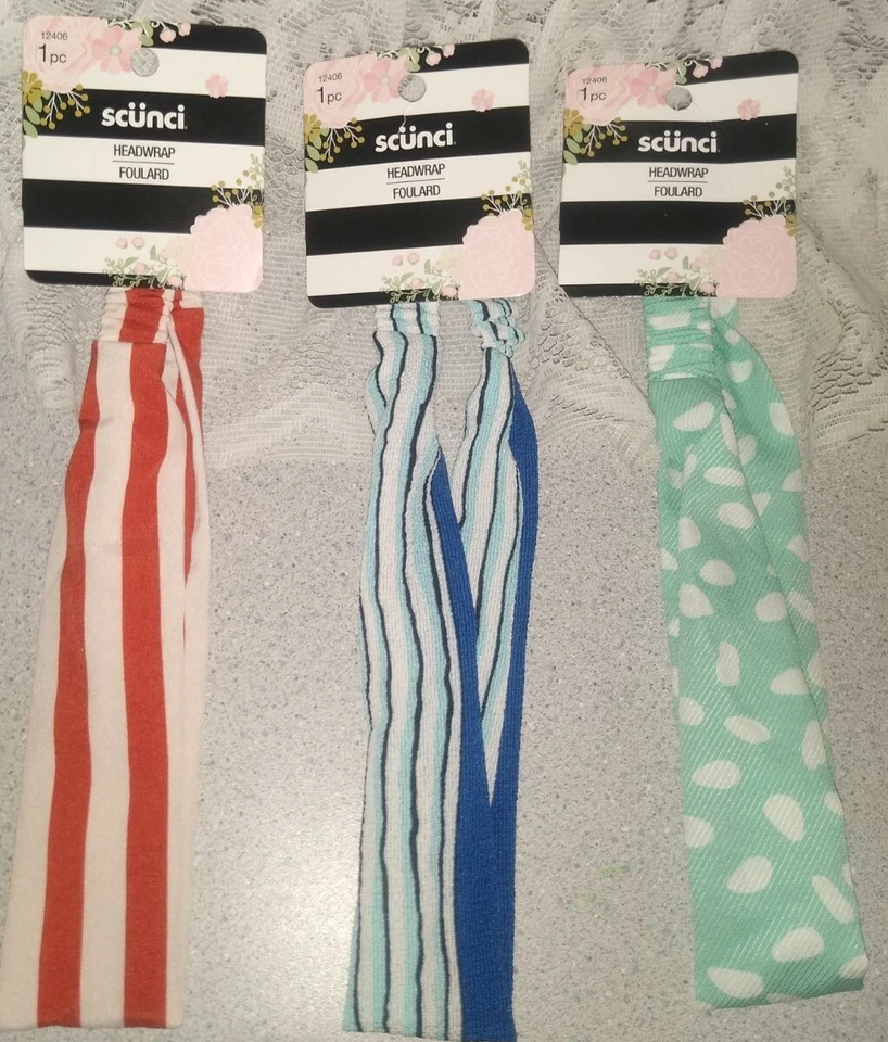 3 New Scunci 1 Head Wrap Foulard ~ Red/White Stripe  - Image 1 of 1