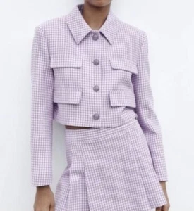 Zara Blazer Jacket Lilac White Textured Cropped Blogger Fav Women’s Size L New - Picture 1 of 8