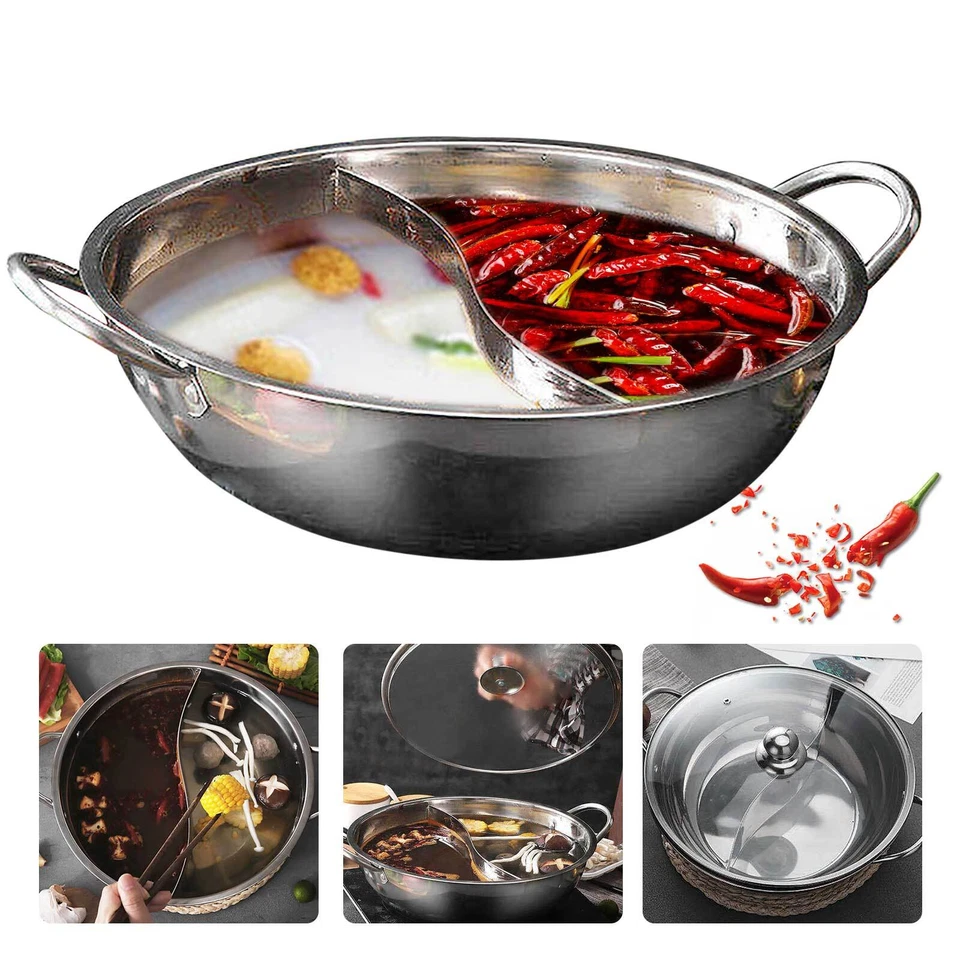 OCASAMI 12" Stainless Steel Pot Hot Pot Shabu Shabu Dual Site Divider Cooking Pot + Lid