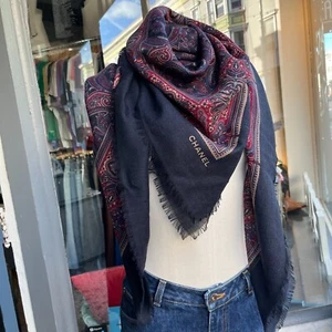 Vintage Chanel large navy and maroon paisley silk Shawl scarf 1980s 1990s - Picture 1 of 7