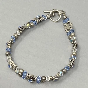 Flower Bracelet Silver Tone Metal Links Blue Glass Rhinestones Bicone Beads 7" - Picture 1 of 11