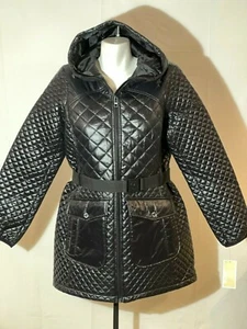 Michael Kors Damen Jacke Schwarz Gürtel Medium Kapuze Neu Neu Neu mit Etikett Active Gesteppt - Bild 1 von 8