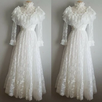 Vintage 1950s Wedding Dresses High Neck Long Sleeve Lace Appliques Bridal Gowns - Image 1 of 4