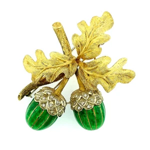 Estate .23ctw Diamond and Green Enamel Acorn with Leaves in 18k Gold Brooch Pin - Picture 1 of 7