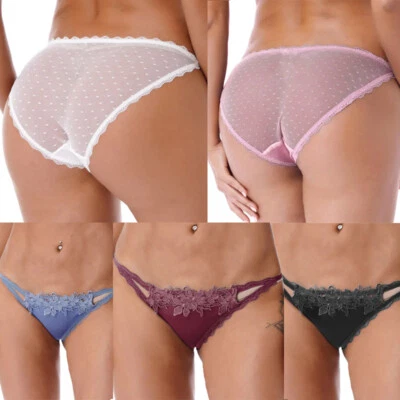 5 Pack Lot Sexy Womens Satin Panties Briefs Lingeries Sheer Lace Lady Underwear - Image 1 of 4