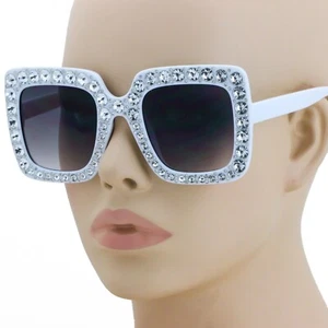 OVERSIZE VINTAGE RETRO Style SUNGLASSES Square Bling Rhinestone White Frame NEW - Picture 1 of 3
