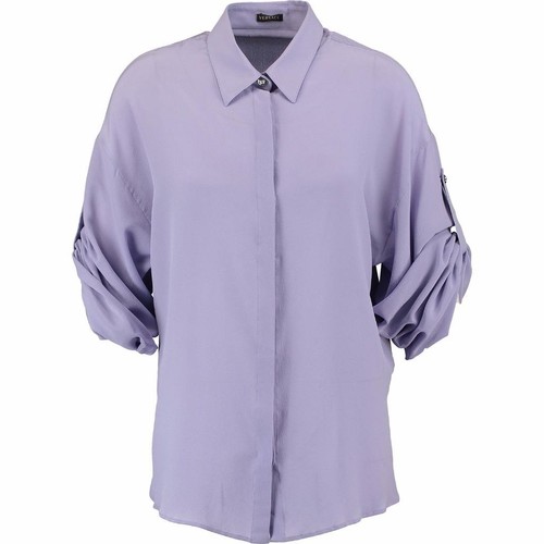 Camicia top in seta viola chiaro VERSACE IT44 UK12 nuovo abito blusa