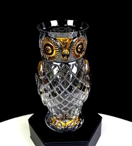Leopold Palda Famosa Austrian Crystal Neiman Marcus Gold Trim Owl 5" Vase 1930s - Picture 1 of 10