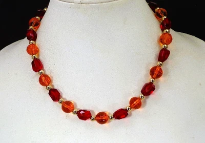 Collar de cuentas de vidrio color naranja y rojo con cuentas redondas doradas brillantes Nuevo Foto 1 de 4