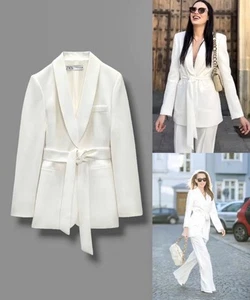 ZARA NEW WOMAN'S BELTED TUXEDO JACKET BLAZER ECRU SIZE S 2310/187 - Picture 1 of 2