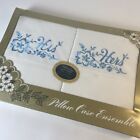 Vintage His and Hers Pillow Case Set Engagement Wedding Gift Present White Blue