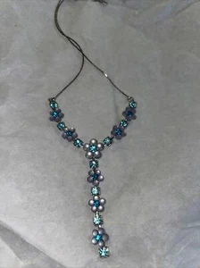 Vintage Volm Necklace – YShape With ￼Blue Rhinestones And MOP Flowers Adjustable - Picture 1 of 4