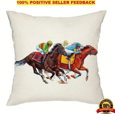 Thoroughbred Throw Pillow Cover Jockey Horse Racing Decorated Theme Sofa Couch - Image 1 of 4