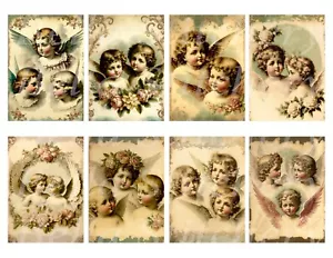 Set of 8 Victorian Cottage Angels Ephemera Craft Cotton FABRIC Panels - Picture 1 of 1