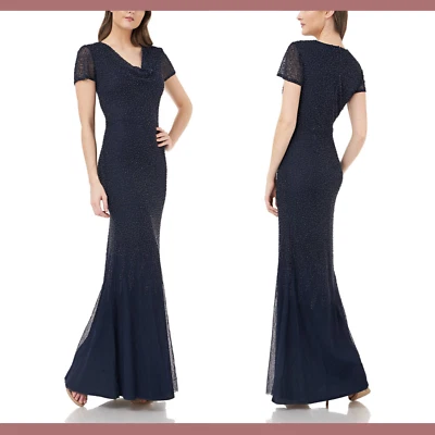 NWT $358 JS Collection Cowl Neck Beaded Mesh Gown in Blue [SZ 10 ] #Q82 - Image 1 of 4
