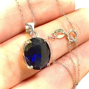 Collana Zaffiro Blu Argento Sterling 925 Ciondolo Donna Creato in laboratorio - Foto 1 di 10