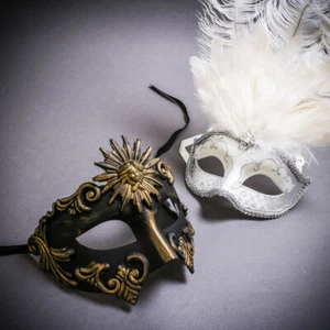 Black Gold Roman Greek & Silver Mardi Gras Eye White Top Feather Couple Mask - Picture 1 of 1