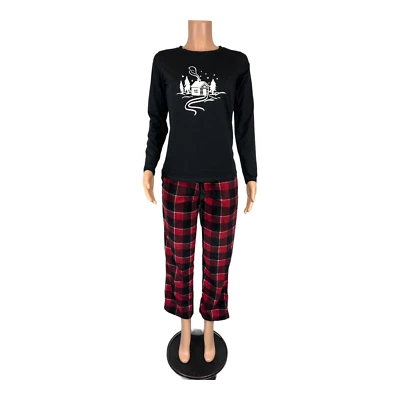 Conjunto de pijama para mujer Cuddl Duds jersey y micro polar negro/rojo a cuadros talla mediana Foto 1 de 2