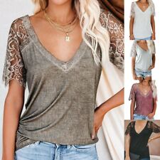 Summer Womens Lace Short Sleeve V Neck Blouse Casual Solid T Shirt Loose Top Tee