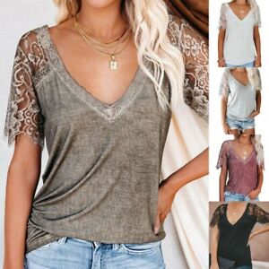 Summer Womens Lace Short Sleeve V Neck Blouse Casual Solid T Shirt Loose Top Tee