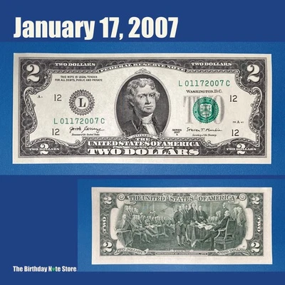 January 17, 2007 Birthday Anniversary $2 Two Dollar Bill Serial Number 01172007 - Image 1 of 2