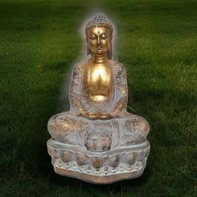 Meditación Pacífico Buda Sentado Oro Blanco Resina Candelabro Estatua 13" Foto 1 de 4