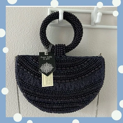 Bolso de cadena hecho a mano en la India con asa superior en forma de media luna azul marino oscuro OS Foto 1 de 4
