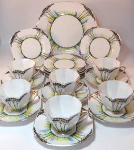 Art Deco Victoria China Tall Trees Tea Set 6 Trios Cups & Saucers Plates 1930s - Picture 1 of 17
