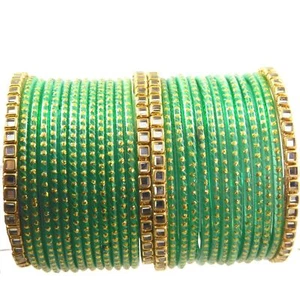 Light Green Colour Golden Dot Pattern Indian Glass Bangle Women/Girl - Picture 1 of 3