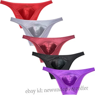 Men's Silk Satin Bikini Briefs Underwear Enhance Pouch Cheeky Briefs Underpants - Image 1 of 4