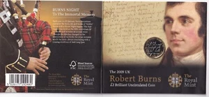 Moneda Royal Mint Robert Burns 2009 £2 BU en paquete - Imagen 1 de 2