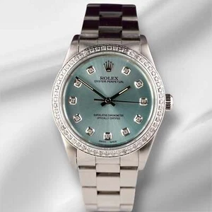 Rolex 34mm Oyster Perpetual 1ct Ice Blue Diamond Dial Steel Watch 14010 - Picture 1 of 11