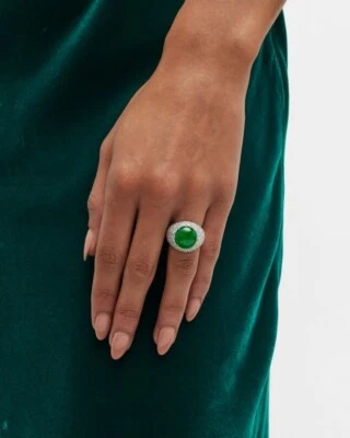 Fine 13.72 TCW Simulated Cabochon Jadeite & Round Sapphire Engagement Domed Ring - Image 1 of 4