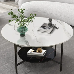 Round Coffee Table 2-Tier Storage Living Room Cocktail Table Sofa Center Table - Picture 1 of 14