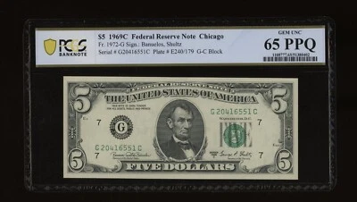 DBR 1969-C $5 FRN Chicago Gem Fr. 1972-G PCGS-B 65 PPQ Serial G20416551C - Image 1 of 2